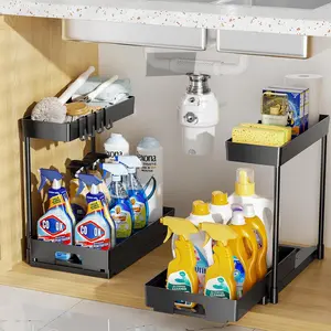 2 Pack Under Sink Organizers and Storage, 2 Tier Pull Out Bathroom Cabinet Organizer, L-Shape Black Under Bathroom Kitchen Sink Organizer with Drawer for Under Sink Storage Organizer