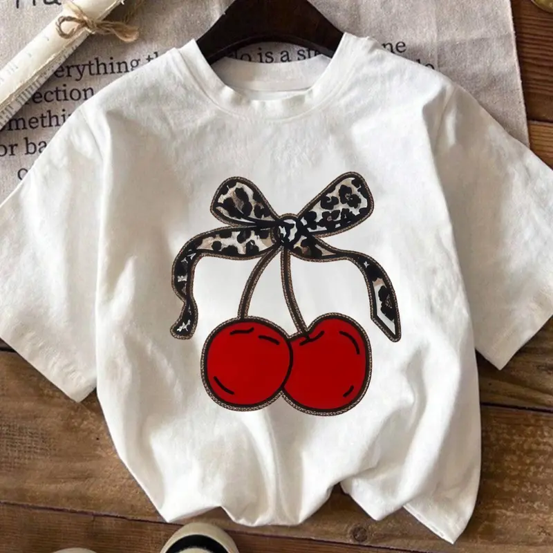 Women's Cherry & Leopard Print Round Neck Tee, Casual Trendy Tee, Fashion Casual Style Fitted Crew Neck Short Sleeve T-shirt for Summer Everyday Daily Holiday Vacation Outdoor Wear, Ladies Clothes for All Seasons