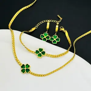 3PCS Green Four-leaf Clover Jewerly Set Necklace Earrings Bracelet Jewelry New Titanium Steel Light Luxury Non-Fading Women's Jewelry Set