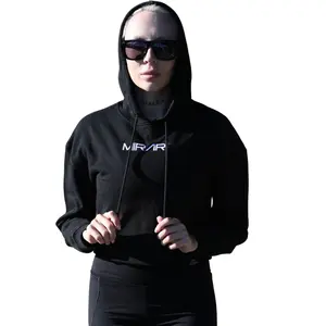 MIRARI Women's Black Drawstring Cropped Hoodie Casual Plain Hoodies Workout Crop Tops Sweatshirt Long Sleeve Crop Top | Made in the USA | 100% Cotton Comfort Fabric Fashion Womenswear Comfortable Everyday Soft Style