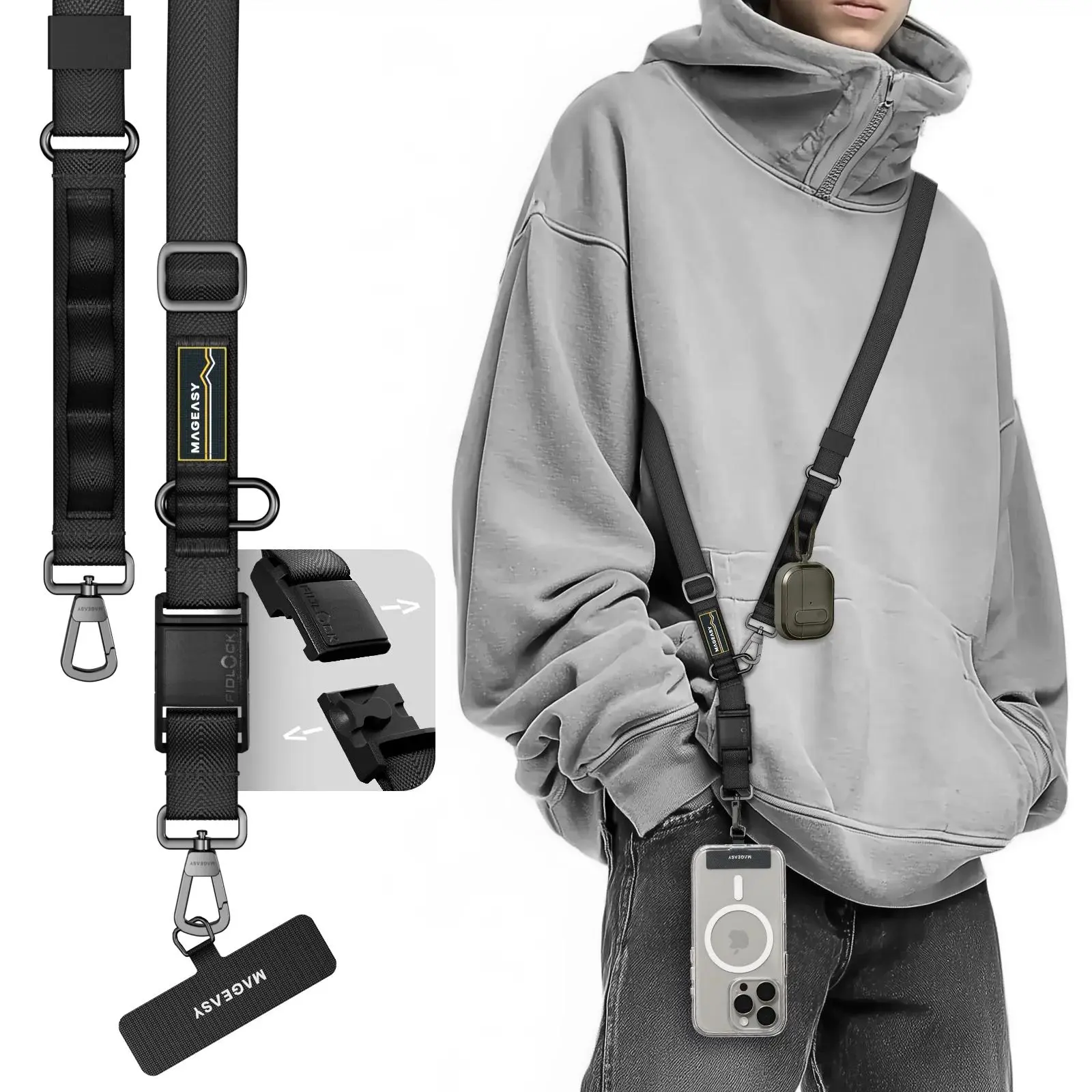 MAGEASY FidLock Crossbody Cellphone Strap - Adjustable Magnetic Quick-Release Buckle Lanyard, Heavy-Duty Tab, Skin-Gentle, All-Day Use Phone Accessory for iPhone 17, Most Smartphones (25mm/20mm, Black/Starlight) for Teaching, Music Festival, Commuting