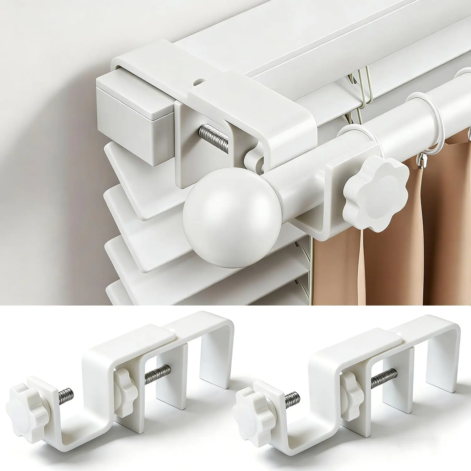 No Drill Curtain Rod Brackets for Outside-Mount Blinds, Tool-Free Over-Blind Curtain Rod Holders, Fits 1-2" Rectangular Headrails, No Wall , Renter Friendly Window Hardware, 2 Pack, White