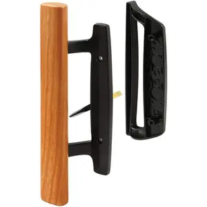 Reversible Sliding Patio Door Handle Set with Oak Wood Interior Handle Exterior Pull, White Diecast Finish, Fits 3-15/16” Screw Hole Spacing, Non-keyed Latch Lock (Black)