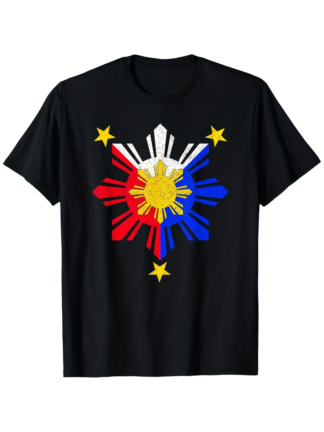 Philippine Flag Sun Design T-Shirt - Unisex Heavyweight  Cotton Tee with Sunburst Graphic, Vintage Filipino Pride Shirt in Blue, Red, Yellow & Black - All-Season Casual Everyday & Outdoor Wear (Sizes S-XXXL) - Machine Washable Patriotic Apparel for Me