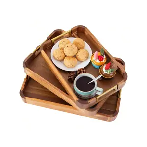 Wood Serving Trays With Handles, Acacia Nested Decorative Trays Metal Handles, Wooden Ottoman Tray Coffee Table Tray For Home Decor Living Room Kitchen Counter, Rectangle Food Bed Trays