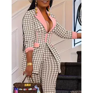 ChicHoundstoothPrintTwo-PieceSet-ZipperedLongSleeveBlazer&High-WaistSlimLeggingsSuitOutfit-FashionableWomen'sClothingforASleek,ElegantLookCasualFabric