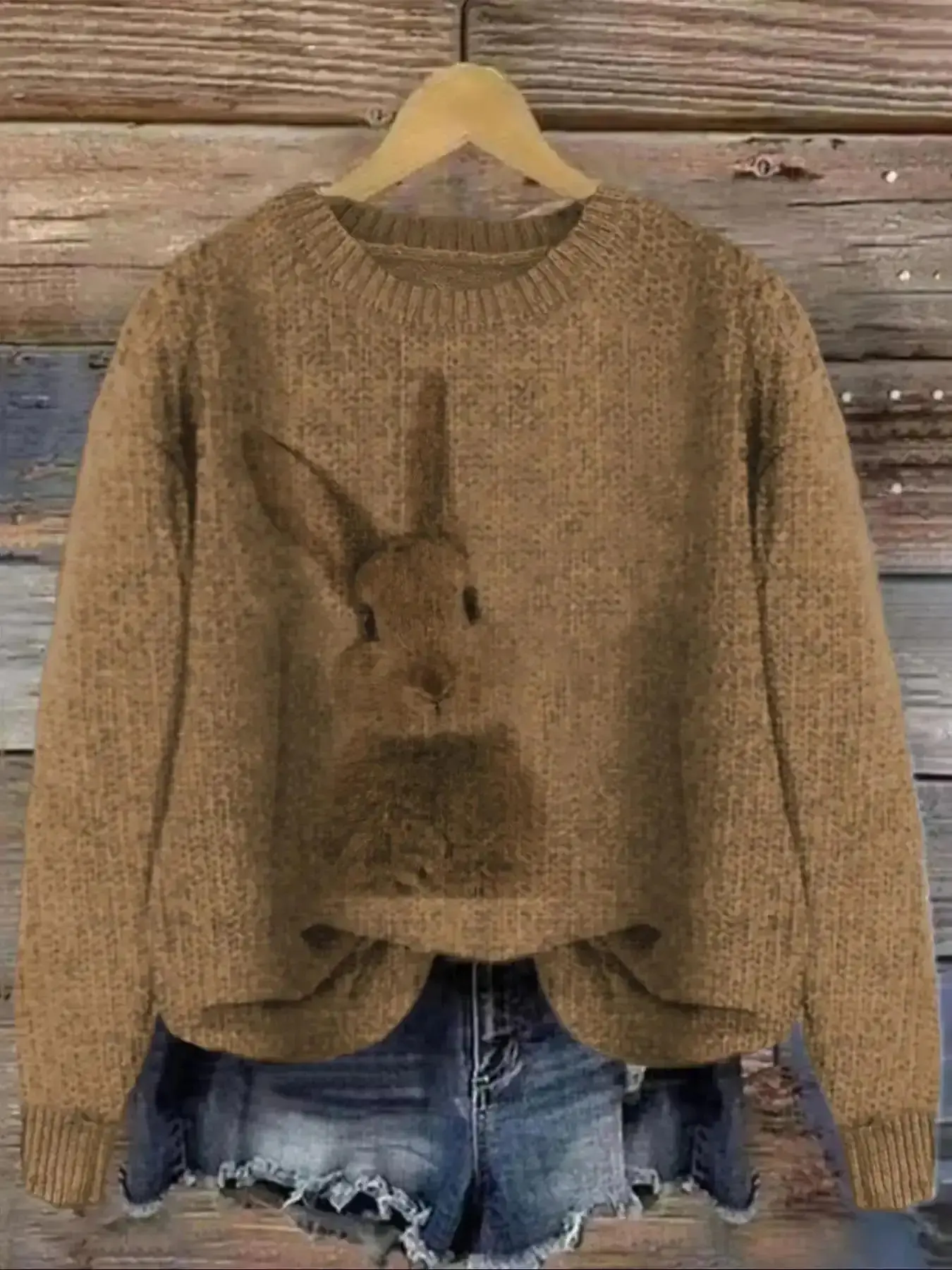 Women's Rabbit Print Drop Shoulder Crew Neck Sweater, Casual Chic Long Sleeve Round Jumper for Fall and Winter, Fashion Ladies' Knitwear Daily Wear, Clothing, Sweaters Women, Comfortable Everyday Fit