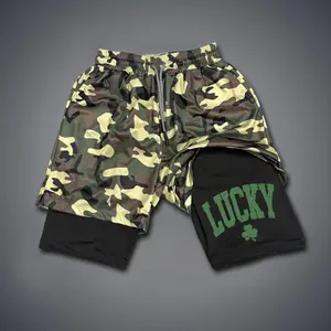Unisex “LUCKY” Vintage St. Patrick’s Day Graphic Sports Shorts – Double-Layer Athletic Shorts with Elastic Waistband, Comfortable Summer Streetwear - For Loose Fit, Choose One Size Up
