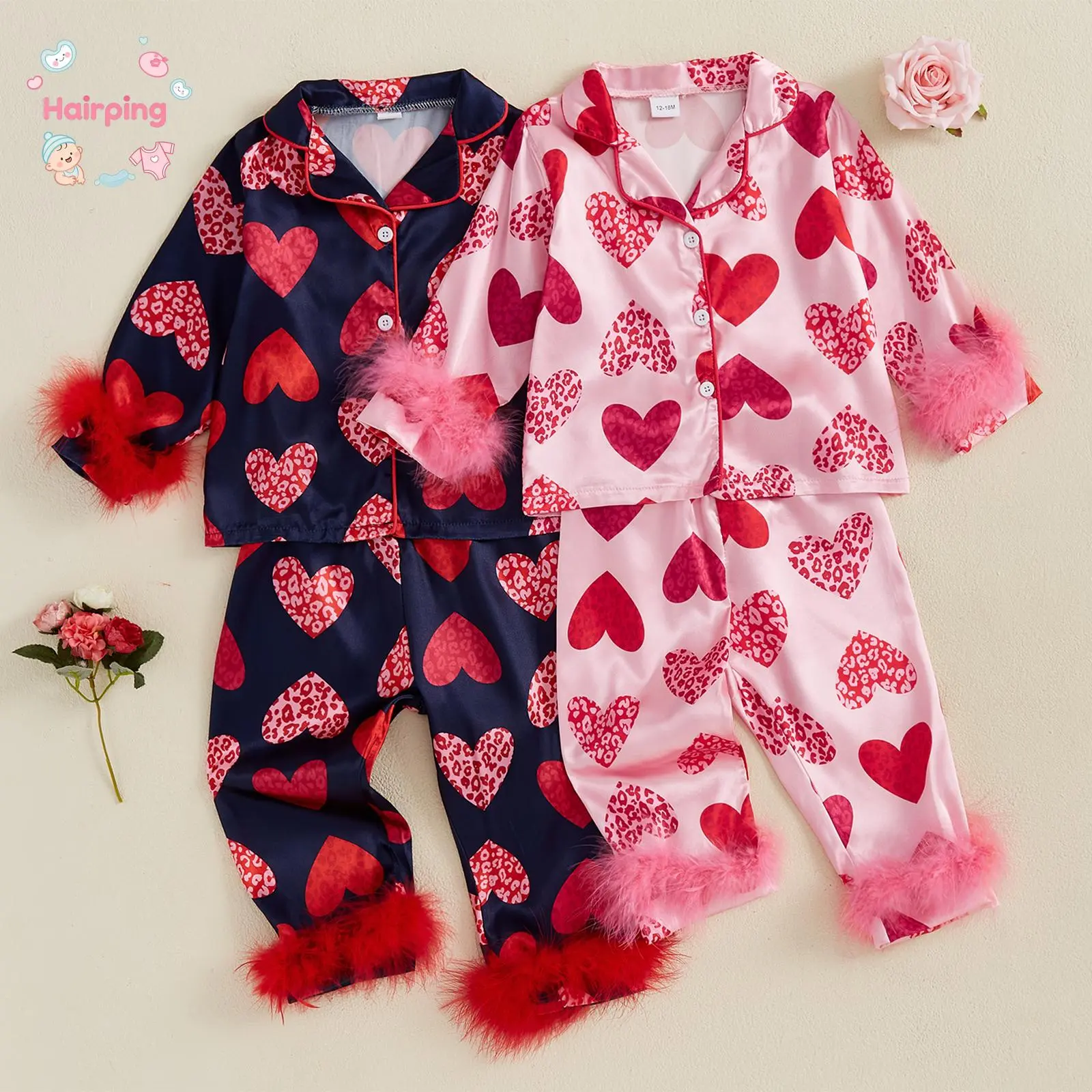 Toddler Baby Girl Valentine’s 2-Piece Baby Clothing Pajama Set - Pink Satin Heart/Leopard Print Long-Sleeve Top, Furry Cuff Pants, Cute Holiday Sleepwear/Lounge Set