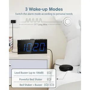 Loud Alarm Clock with Bed Shaker, Vibrating Alarm Clock for Heavy Sleepers Hearing Impaired Deaf Teens, Dual Alarm Clock with 7.5’’ Large LED Display, USB Charger, Dimmer, Snooze & Battery Backup Decor Blue Digits