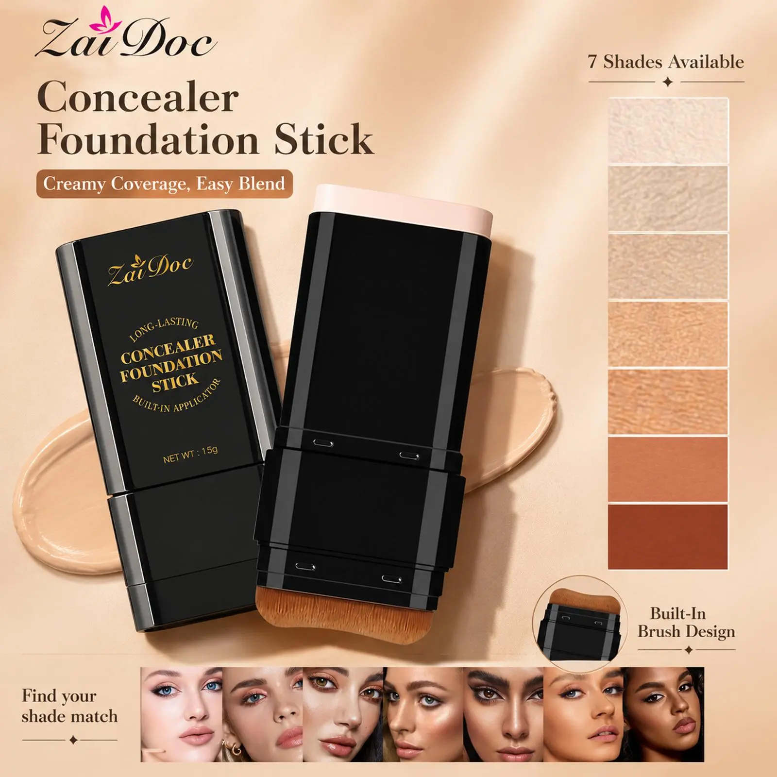 Dual‑Ended Foundation & Concealer Stick – 2‑in‑1 Long‑Wear Makeup with Built‑in Brush. Creamy full‑coverage formula conceals dark circles and blemishes. Infused with olive and camellia hydrating extracts. Gentle for all skin types.