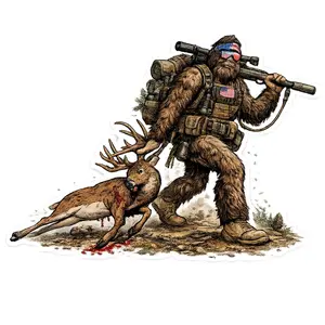Bigfoot Deer Hunting Sticker Durable Waterproof Vinyl for Truck Refrigerator Appliance 4 Sizes 2x2 3x3 4x4 6x6 Perfect for Hunters Hikers