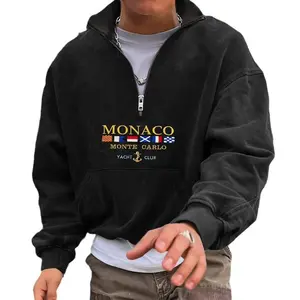 Men's Monaco Yacht Club Sweatshirt-Casual V-neck Pullover with 1/4 Zipper, Long Sleeve, Polyester, Machine Washable, Navy Blue, with Flag Print Graphic Hoodie Streetwear Hoodie Loose Tops Fabric