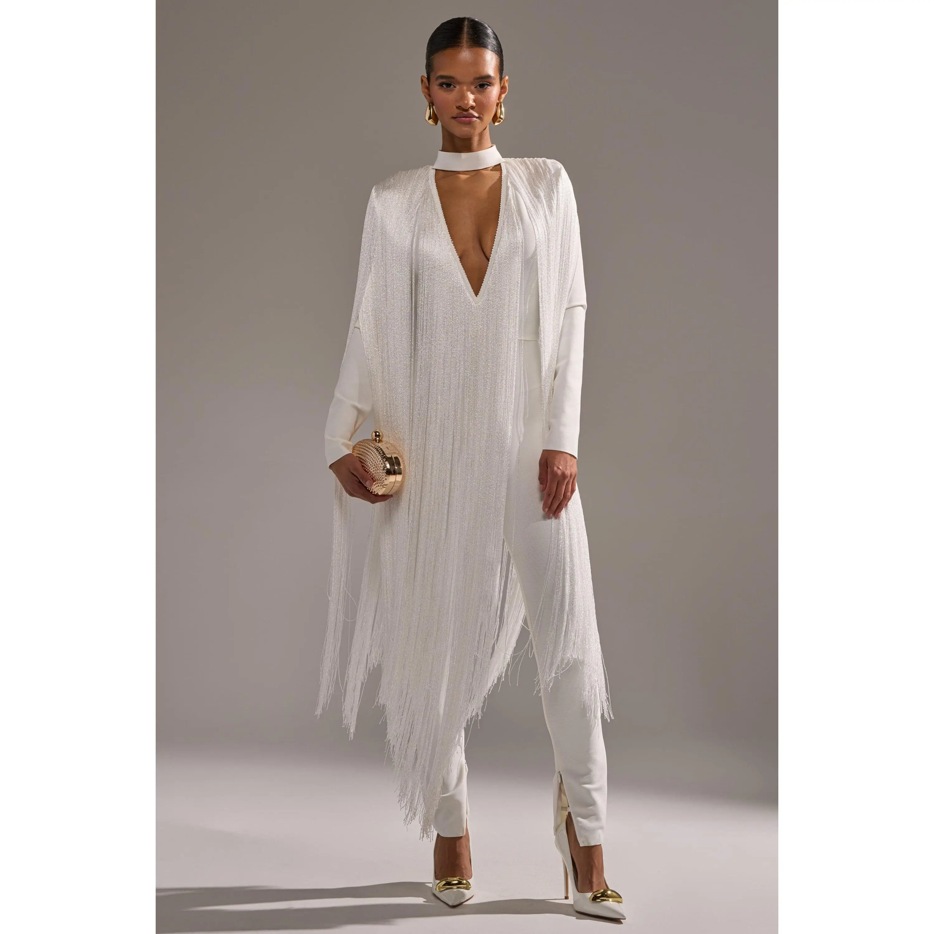 BELLE BANDAGE JUMPSUIT WITH FRINGE IN WHITE BELLE BANDAGE JUMPSUIT WITH FRINGE IN WHITE