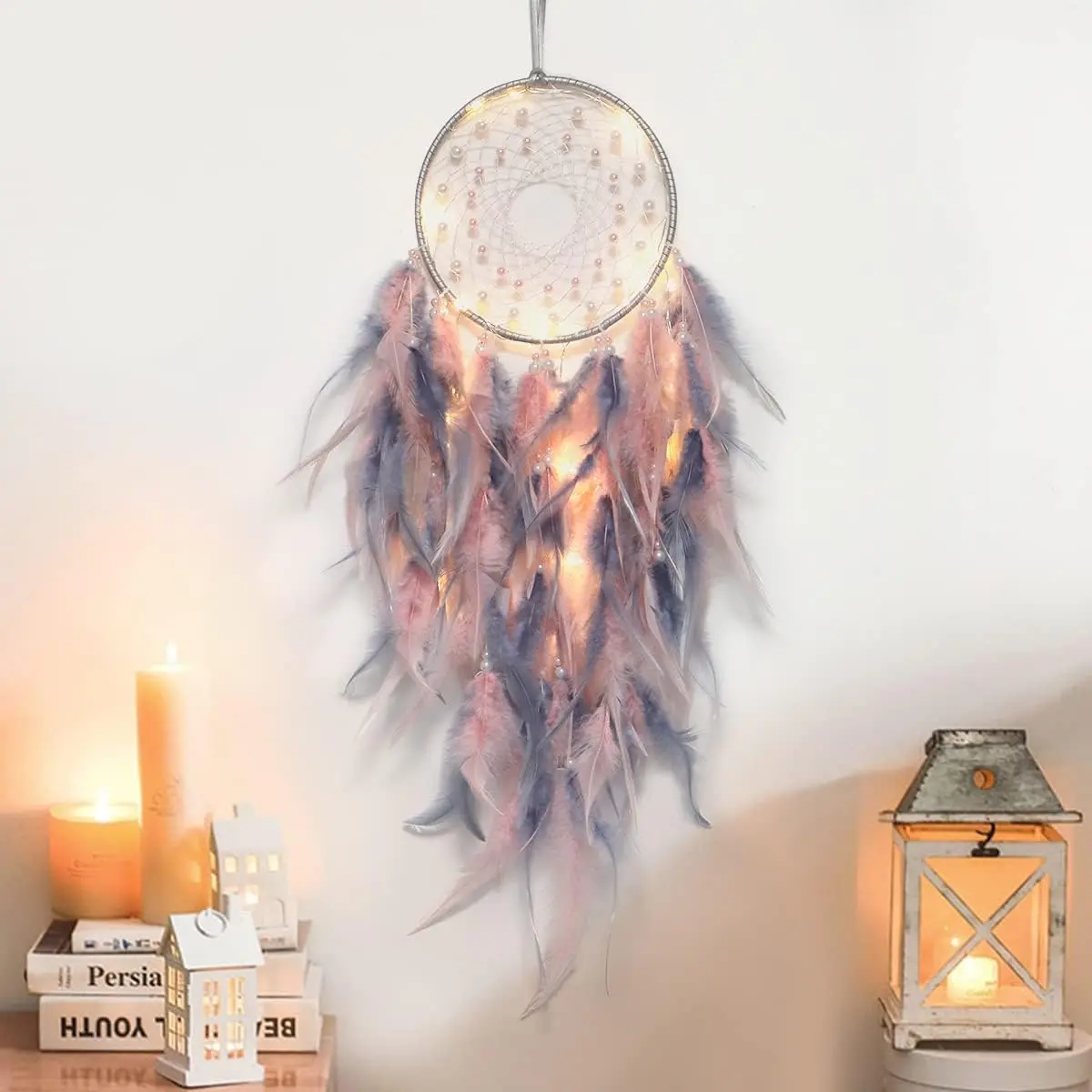 LED Dream Catcher Light - Handmade Metal Feather Hangable Boho Wall Decor, Pink&Grey LED Light for Girls' Kid Room, Thanksgiving, Valentine's Day, Mother's Day Gift