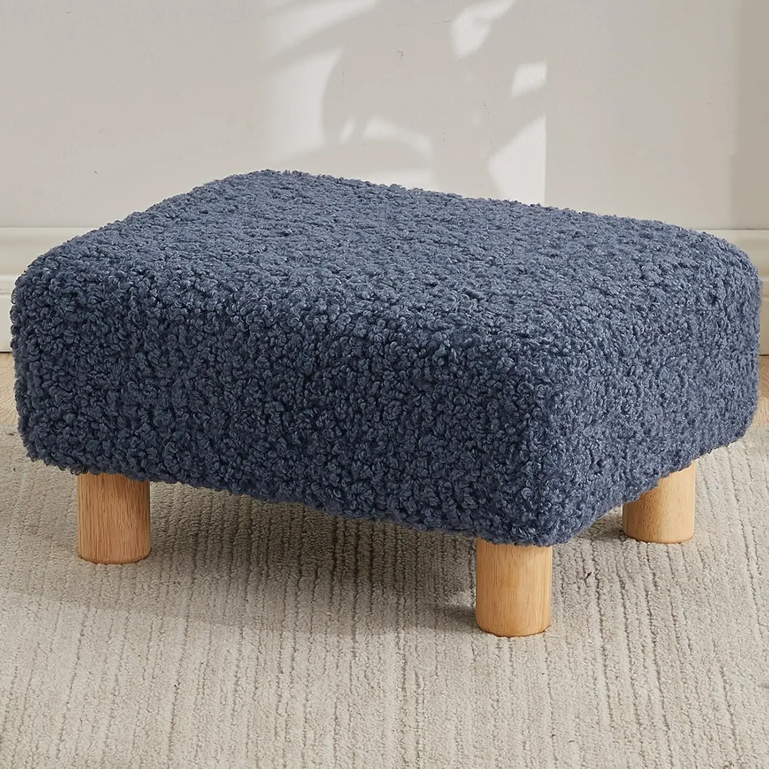 Small Foot Stool Ottoman, Sherpa Footstool Ottoman Foot Rest for Couch, Rectangle Footstools and Ottomans Small for Living Room, Entryway and Bedroom (Navy Blue)