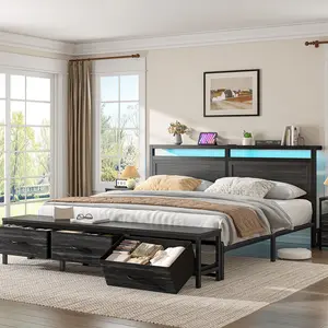 [With Bench] Raybee LED Bed Frame with Detachable Storage End Stool for Full Queen Size, Platform Bed Frame with Headboard & Shelf & 3 Drawers, Moden Industrial Bedframes with Charging Station for Apartment, No Noise, Holds 1000LBS, Full, Black, Brown