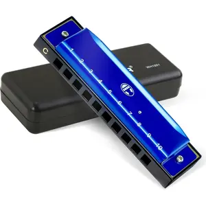 Blues Harmonica for Adult Beginners 10 Hole Diatonic Harmonica Key of C, Brass Reed Metal Mouth Organ C Key Blues Harp with Case, Blue