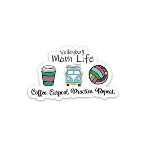 Mom Volleyball Life Sticker - Decorative Vinyl Sticker Featuring Coffee, Carpool, Practice, and Repeat Phrases