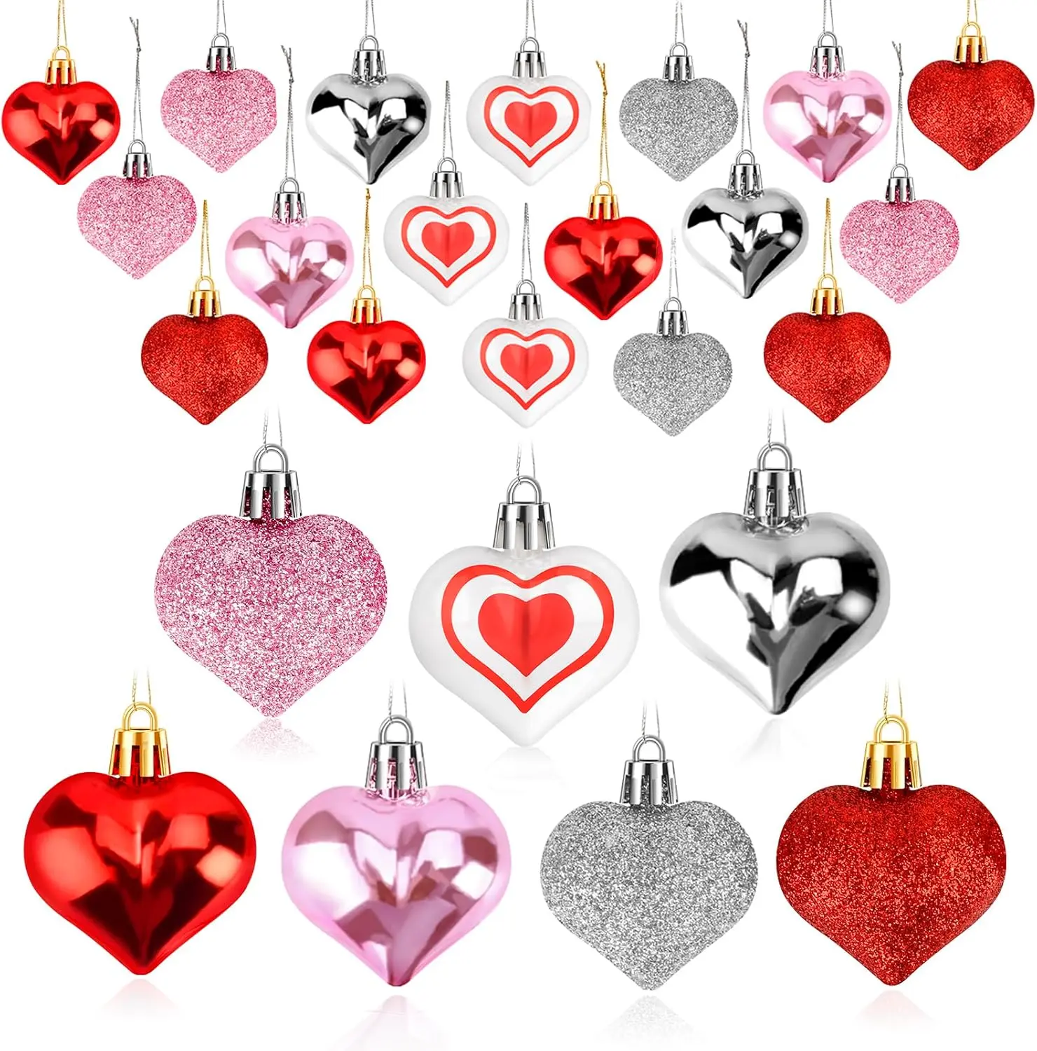 30 Pcs 4.5cm Heart-Shaped Ornaments, Love Theme Festive Decor for Valentine's Day & Christmas Tree, 7-Style Hanging Home Supplies