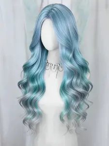 Mermaid Ombre Blue Wig with Mixed Lilac, Long Wavy Middle Part, Heat Resistant Synthetic Hair, Perfect for Cosplay Halloween Party, Synthetic Material Wigs