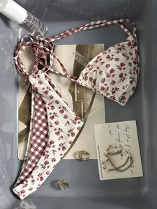 New Beach Pool Party Sexy Casual Fashion Small Floral Print Women's Halter Bikini Two-Piece Swimsuit, Stylish and Comfortable Swimwear, Tie Back Bikinis, Floral Print Swimsuits