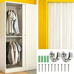 1 set of adjustable stainless steel U-shaped closet pole bracket (with 6pcs mounting screws) with an opening width of 32MM, which is used for closet pole socket, wardrobe guide rail end bracket and curtain guide rail bracket.