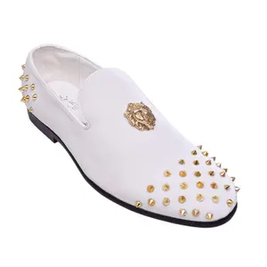 White Velvet Loafers with Gold Spikes – Luxury Prom & Formal Shoes