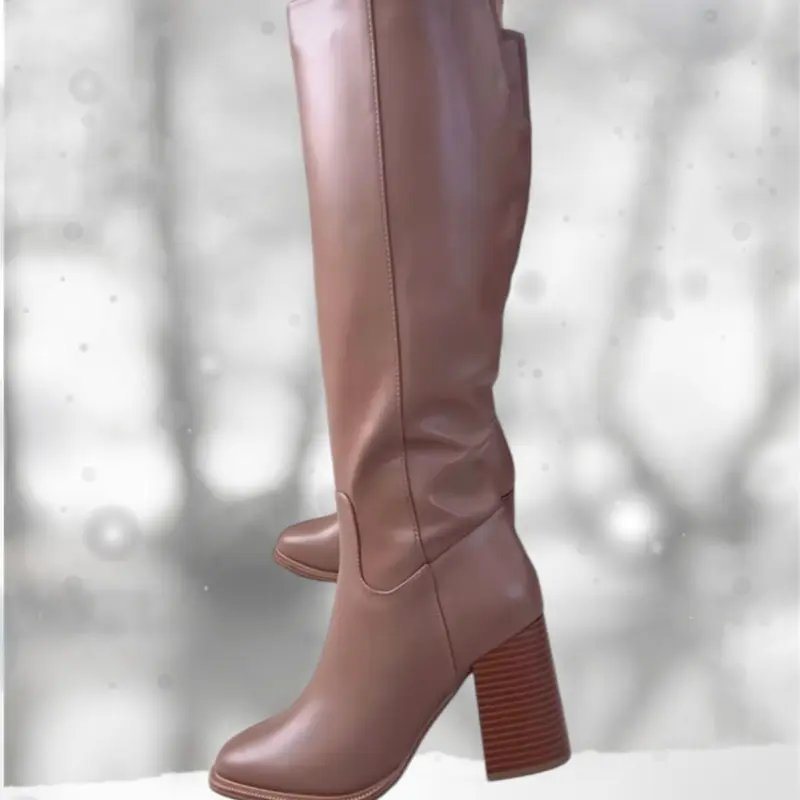 Camila Taupe Chunky Heel Boots - Stylish   Leather Women’s Knee-High Design