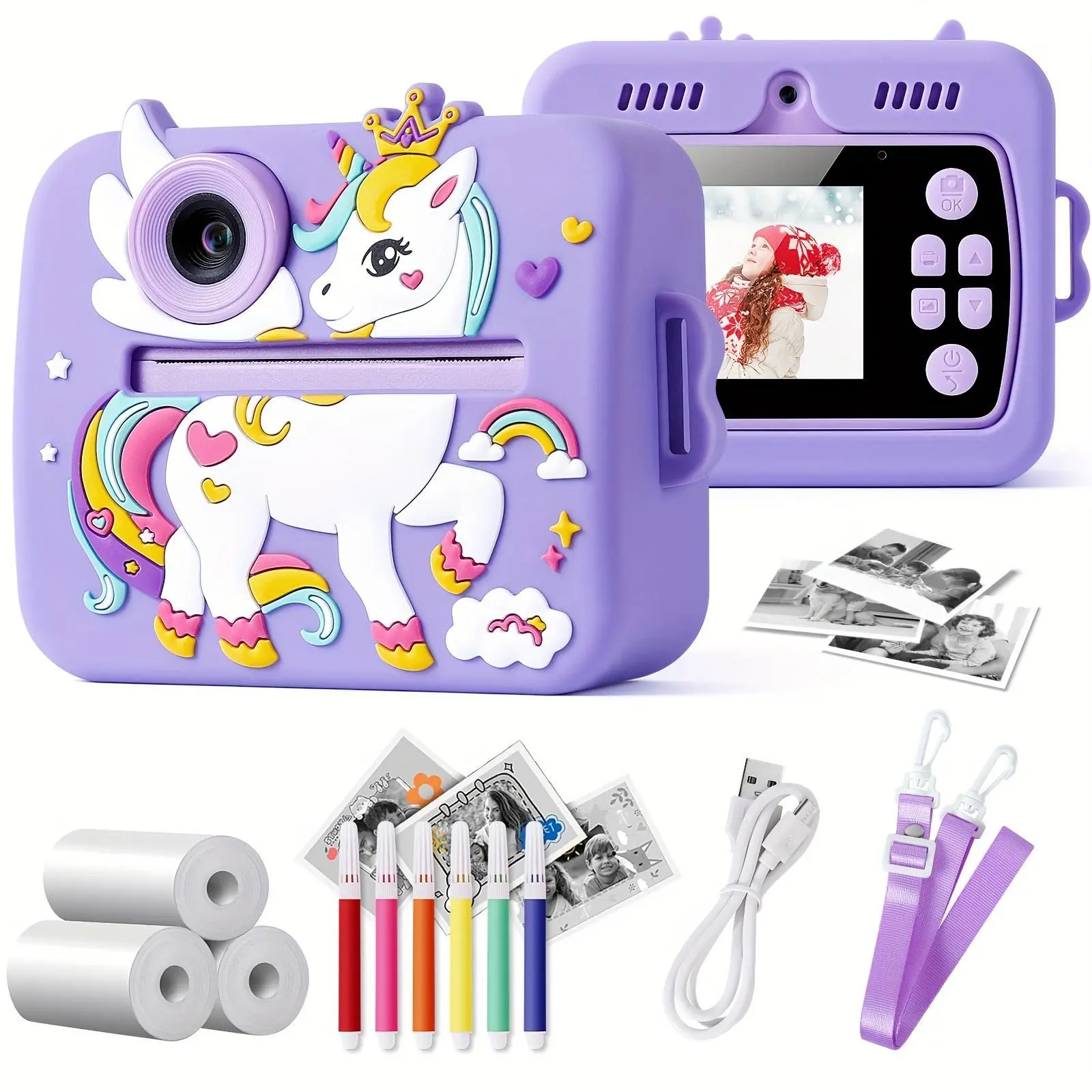 Kids Unicorn Mini Digital Camera, Cute Cartoon Design, Photo & Video Recording, Creative Drawing Dual Mode, Silicone Case Included, Portable Digital Camera