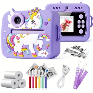 Kids Unicorn Digital Camera, Cute Cartoon Design, Photo & Video Recording, Creative Drawing Dual Mode, Silicone Case Included