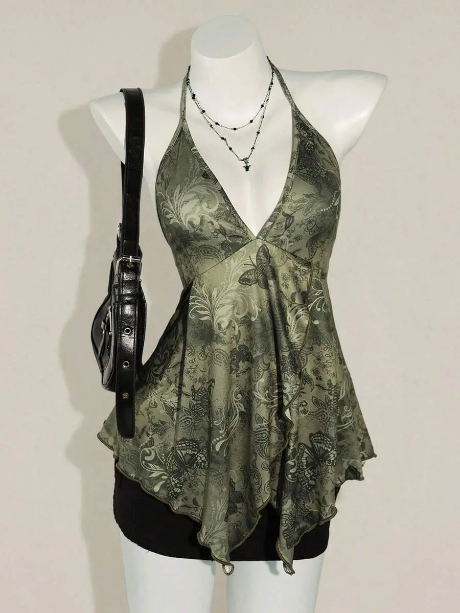MCKAURA Women's Vintage Backless Butterfly Print Spaghetti Strap Camisole