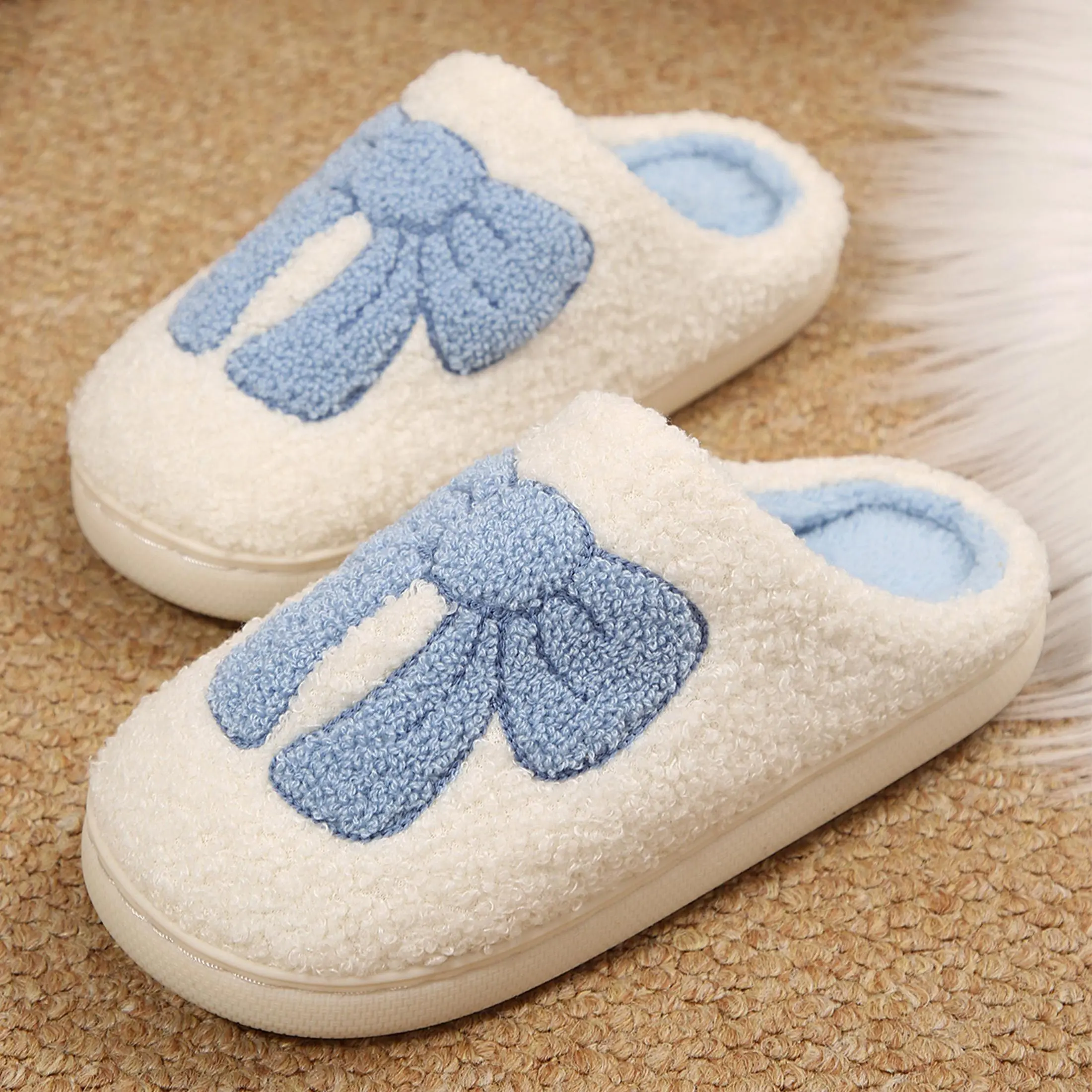 Cute Bow House Slippers Memory Foam Fuzzy Shoes for Women Non-Slip Warm Indoor Outdoor