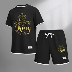 Men's King's Crown Print Waffle Fabric Short-Sleeved Shirt And Shorts Set