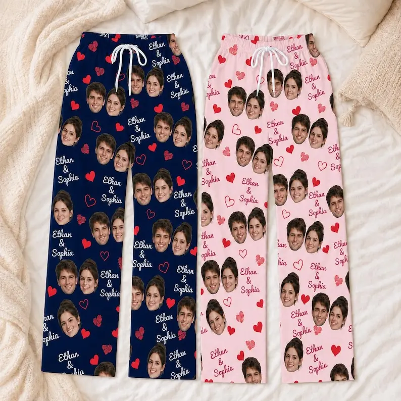 Personalized Couple Photo Pajama Pants (Message us for custom) – Custom Face Heart Sleepwear, Matching Love Lounge Pants, Romantic Valentine Gift