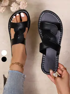 Woven Strap Flat Sandals, Women Vintage Style Non-Slip Summer Essential, Casual Flat Slippers, Open Toe Slides, Rubber Sole, PU Upper Material