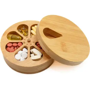Medicine Organizer Wood Daily Weekly, Travel Pill Organizer and Pill Holder, Vitamin Medicine Pill Organizer Case Box, Pill Box Day, Improved Design with Days of The Week and Solid Wood Lid