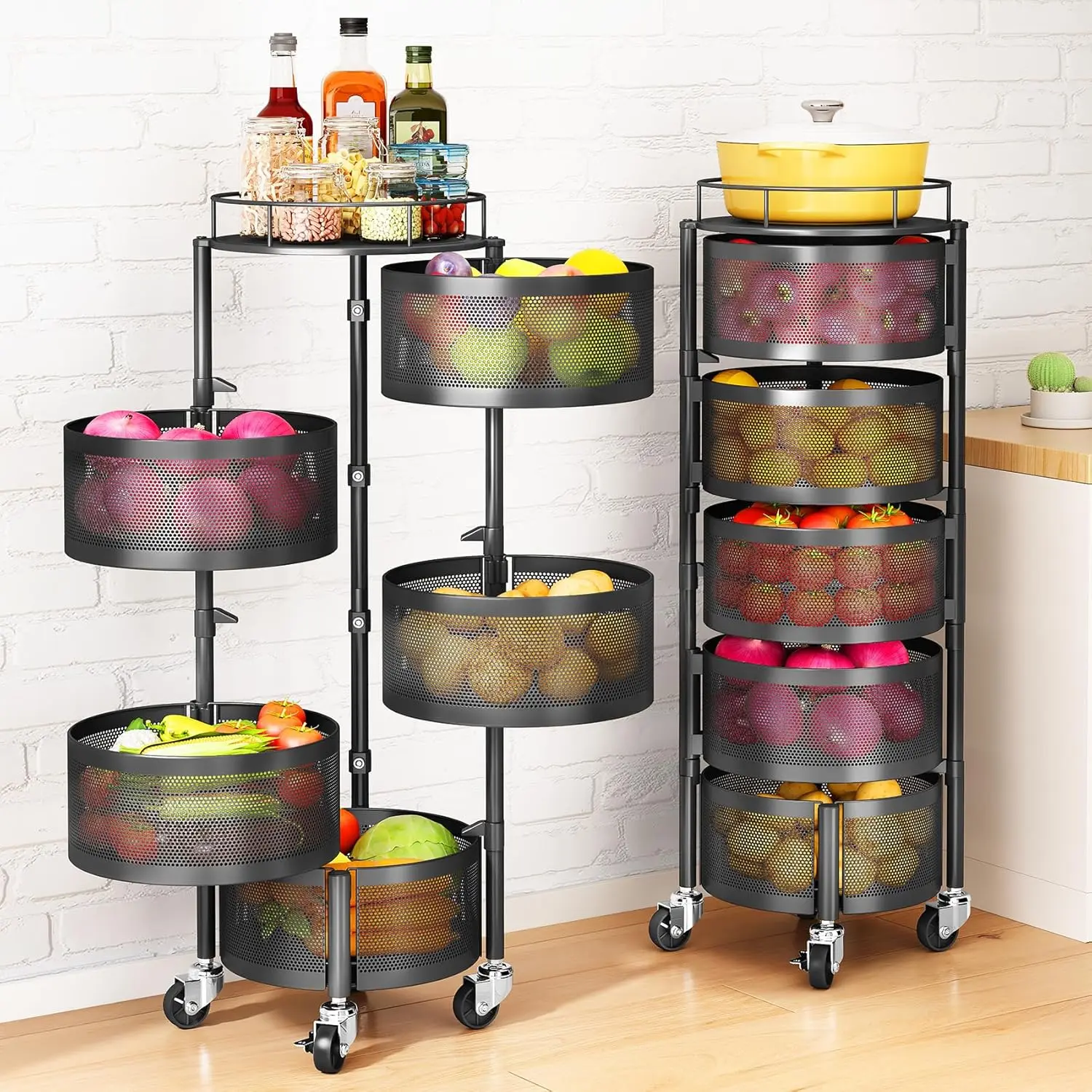 “5-Tier Fruit & Vegetable Basket Rack – Rotating Wire Storage Organizer with Metal Lid for Kitchen, Potato, Onion, Bread & Banana Holder”