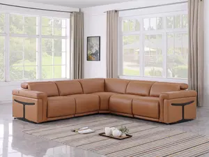 Global United 1126CG-5PC Orren Ellis Florence Cognac Italian Leather Power Reclining Sectional Sofa with Adjustable Headrests for Living Room Comfort