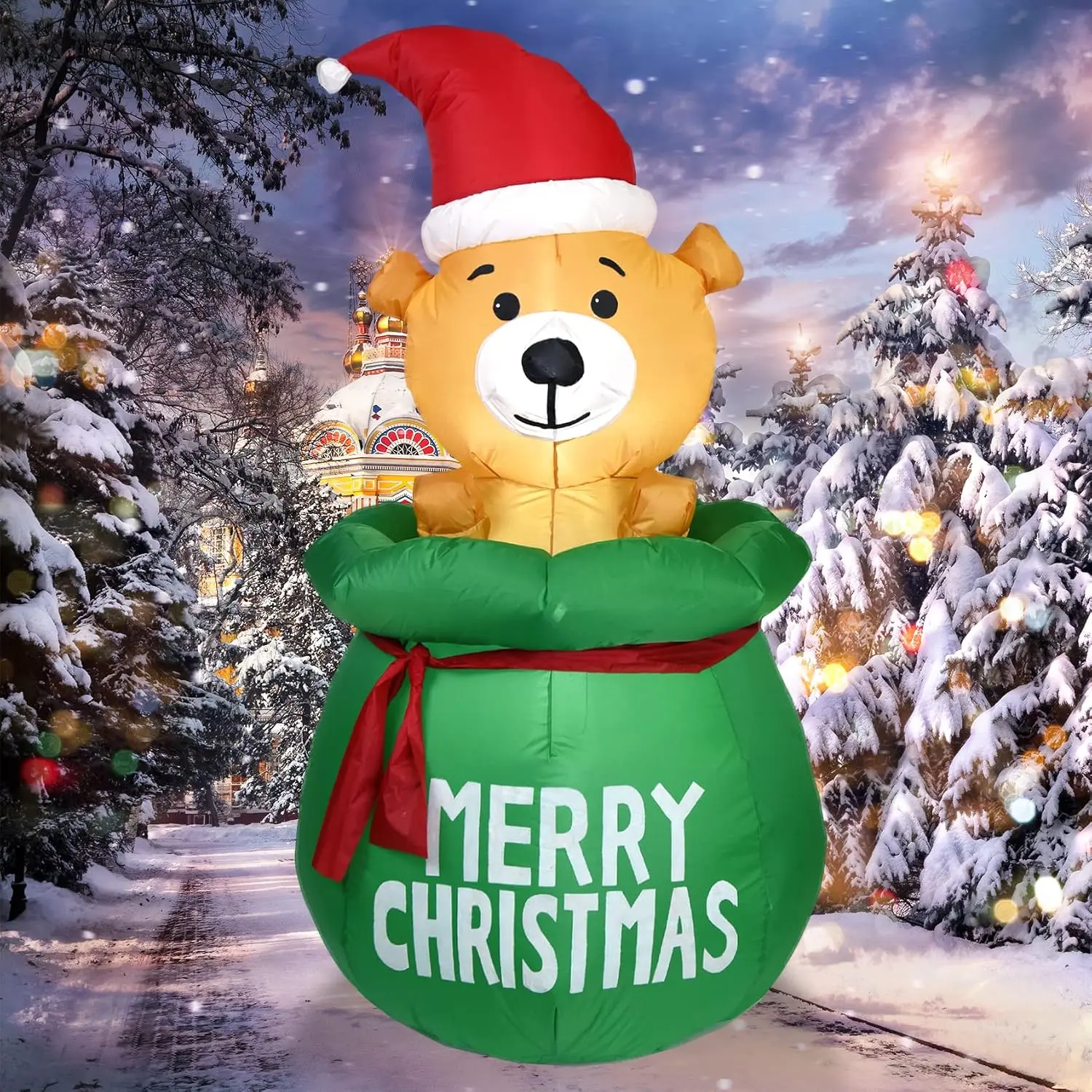 5FT Christmas Inflatable Lovely Bear in Gift Bag, Built-in LED Lights, Universal Outdoor Mobile Light Accessory with Power Supply