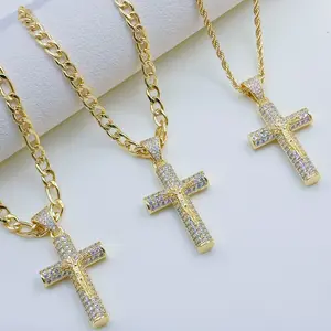 14k Real Gold-Plated Cuban , Figaro, Rope Cross with Jesus Christ Crucifix,High Quality,Gold Plated Necklace24 inches Long and 6mm Wide,Daily Wear Neck，Christian Gold Jewelry Gift
