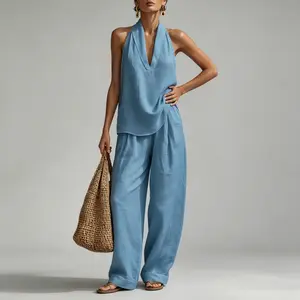 Bohemian Halter Two Piece Outfit - Ideal for Seaside, Holiday & Daily Wear! Sleeveless Blouse Loose Trousers #BohoStyle #TwoPieceOutfit #LoosePants #HalterTop #SummerVibe #CasualChic #OOTDFit #LadiesWear