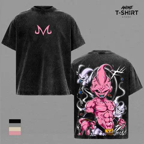 Unisex Majin Buu Vintage Washed T-Shirt, DBZ Ultimate Villain Graphic Tee, Pink Power Anime Design, Oversize Streetwear Shirt