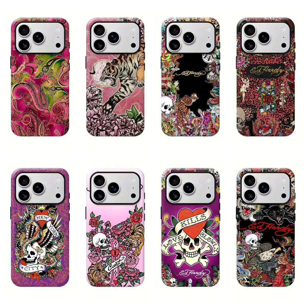 Ed Hardy Skull Leopard Tattoo iPhone Case Aesthetic Y2k Trendy Tiger Ed Hardy Collage Phone Casefor iPhone 17 16/15/14/13/12/11/17 ProMax Plus