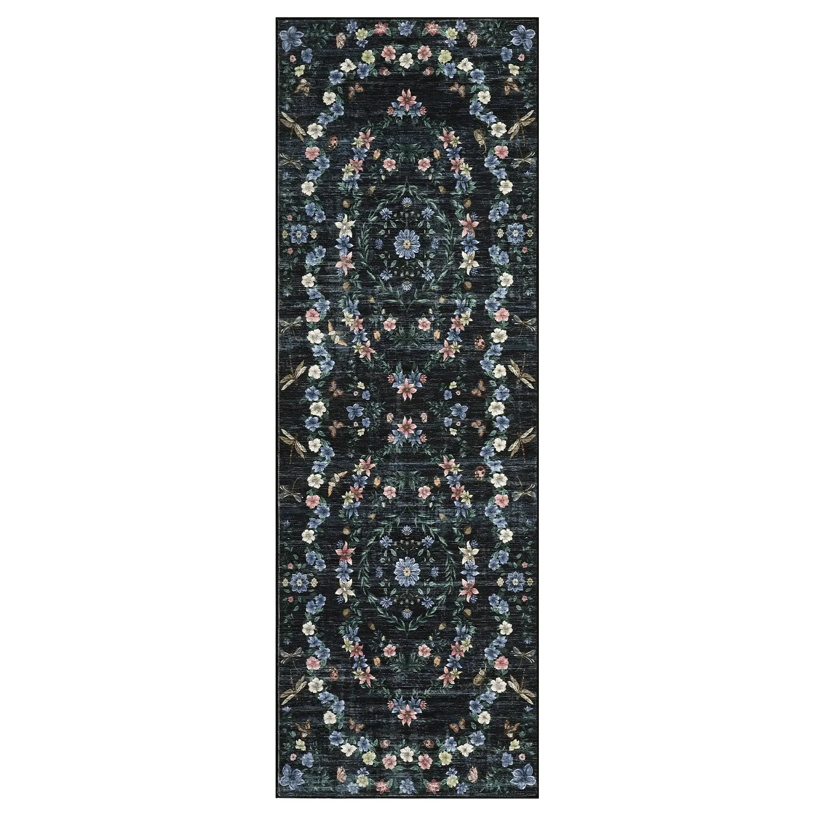2x6 ft Rectangular Soft Indoor Modern Polyester Fiber Low Pile Decorative Hallway Runner Rug, Black Flower Pattern, Foldable, Machine Washable for Bathroom Entryway, Modern Floor Rug