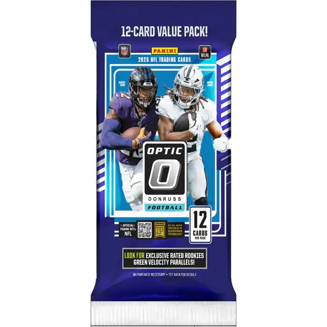 2025 Panini Optic Uptown Donruss Football Value Pack - 12 Trading Cards, Autographs, Rated Rookies, Exclusive Parallels, Exclusive Rated Rookie Green Velocity Parallels, Ultra-Rare Downtowns, Hash Marks, Optichrome Technology, 12 Cards