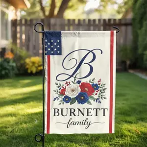 Personalized Family Name Garden Flag _ Patriotic Floral Monogram Sign _ Double Sided Weatherproof Fabric _ Custom Housewarming Gift for Home