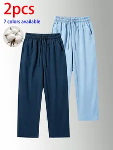 2-pack men’s pure cotton long pants: loose straight casual pants and sweatpants, featuring a drawstring waistband design. Available in multiple colors. Suitable for home lounging, daily commuting, outdoor walks, short trips, camping, and other casual acti