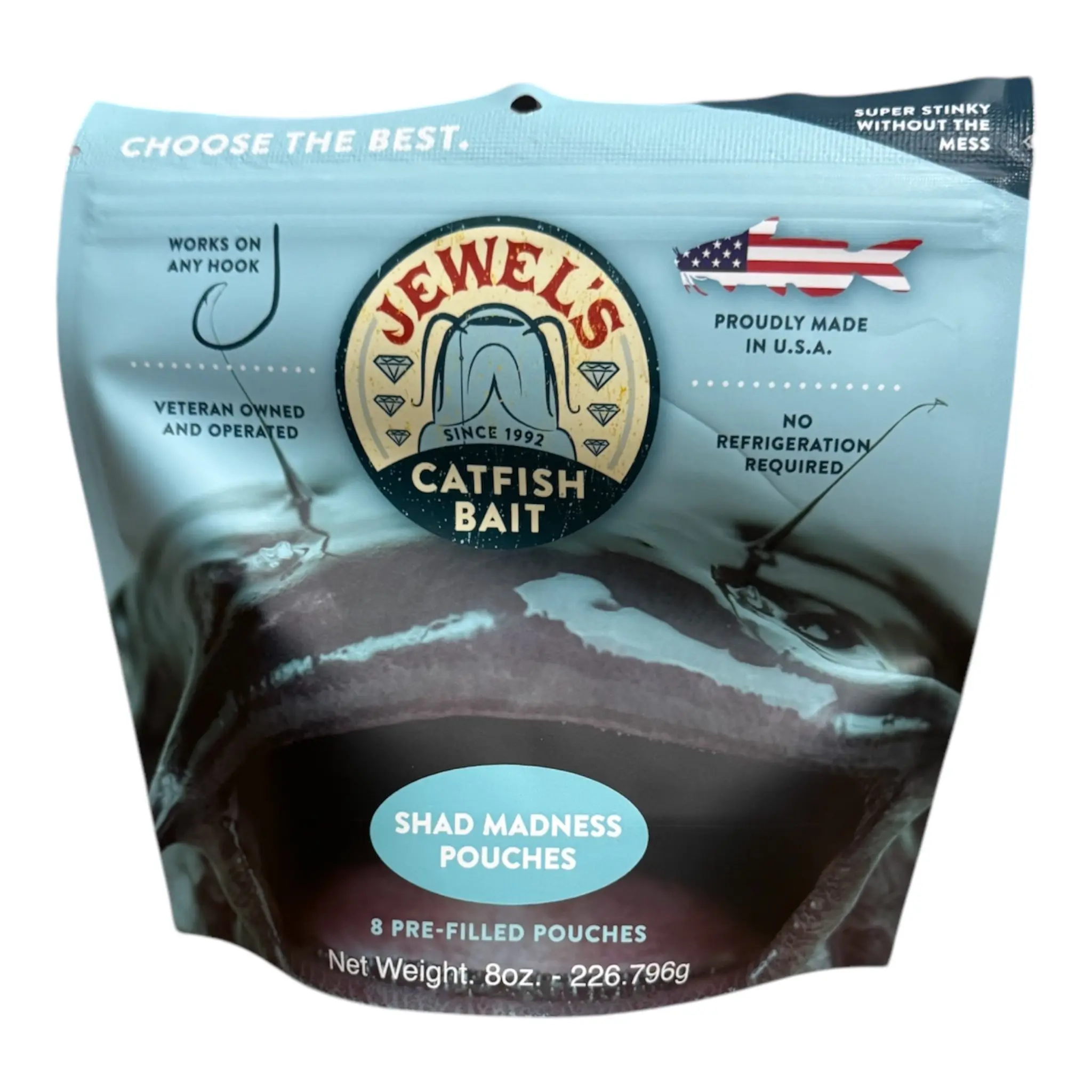 Jewels Catfish Bait -Shrimp Mania Pouches/Shad Madness Pouches - 8 Pre-Filled Bait Pouches per Bag - Approx 2" W x 2.5" L for Catfish Bait