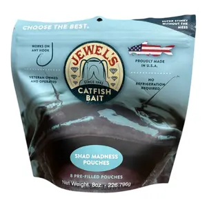 Jewels Catfish Bait -Shrimp Mania Pouches/Shad Madness Pouches - 8 Pre-Filled Bait Pouches per Bag - Approx 2" W x 2.5" L for Catfish Bait